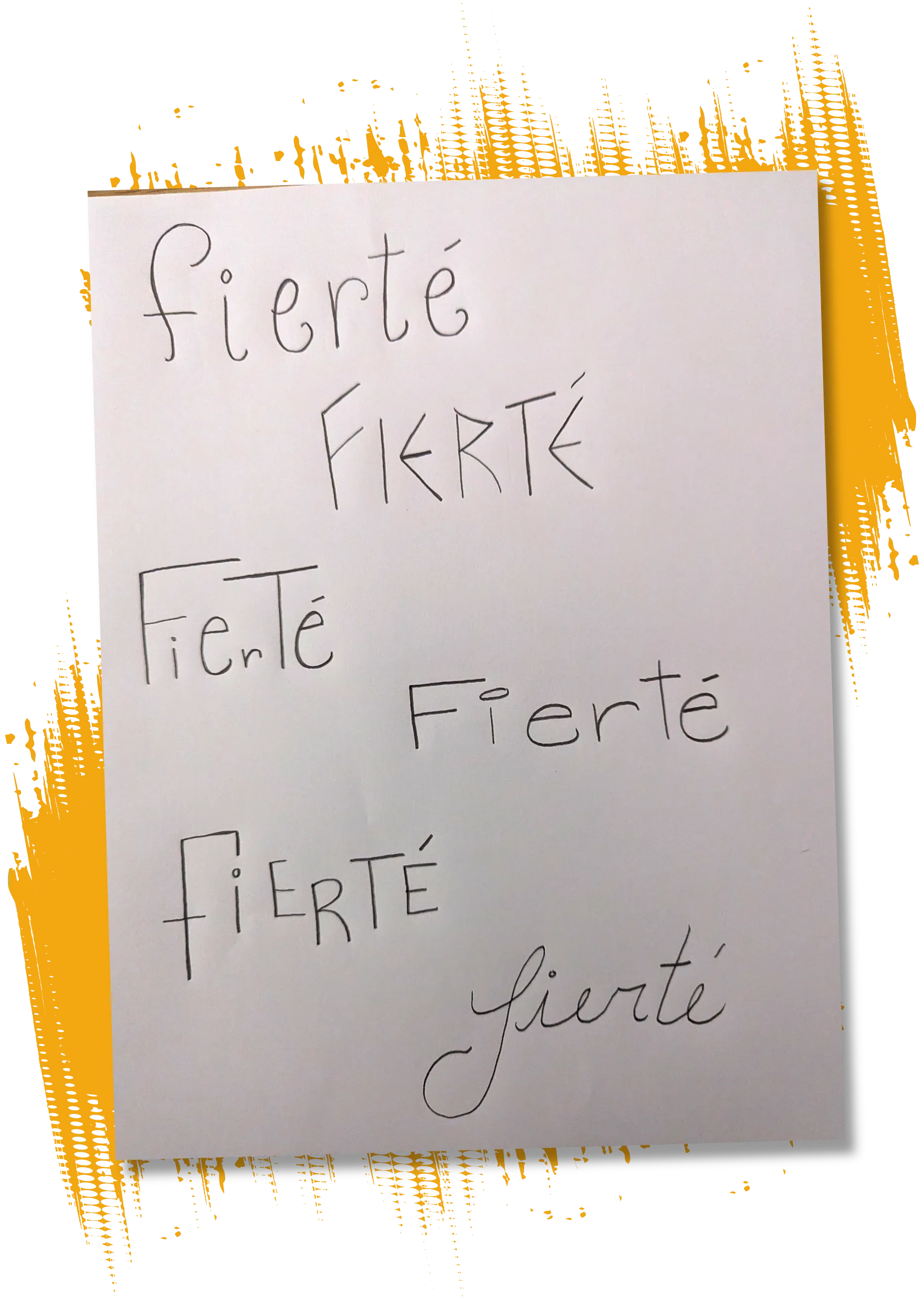 Un exemple montre le mot « fierté » écrit à la mine avec diverses calligraphies.