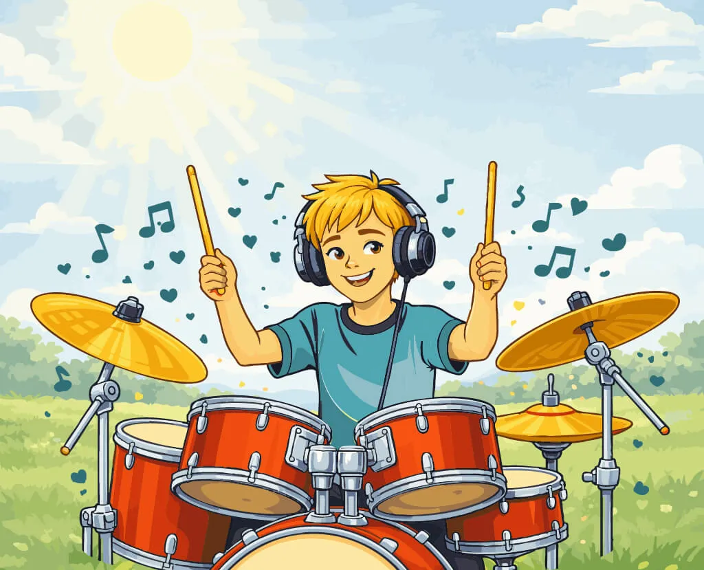Un jeune homme joyeux joue de la batterie sous un ciel bleu.