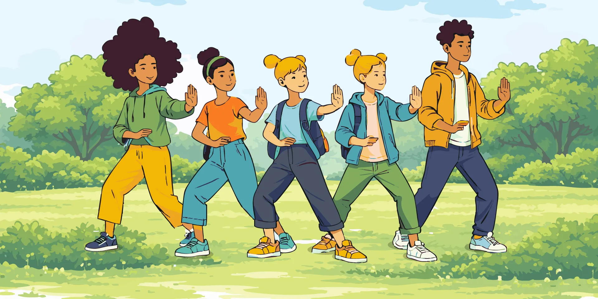 Cinq enfants pratiquent le tai-chi dans un parc. Ils sont entourés d’arbres et de végétation.