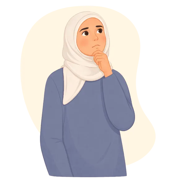 Une jeune fille portant un hijab, la main au menton, semblant être en pleine réflexion.