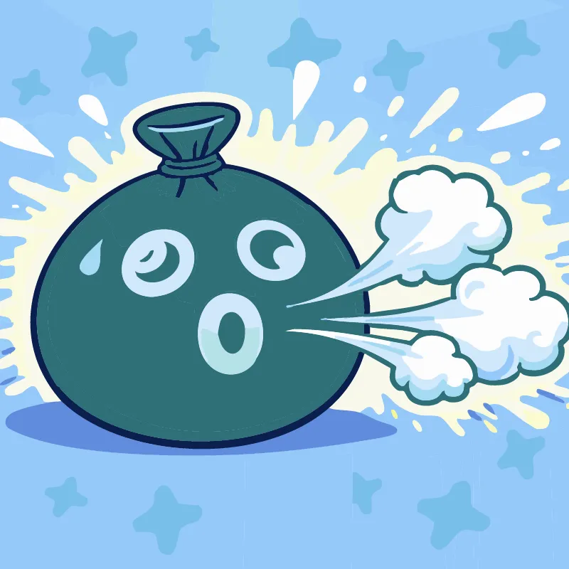 Une balle antistress bleue respire avec difficulté. Une goutte de sueur coule sur son visage et du vent sort de sa bouche.