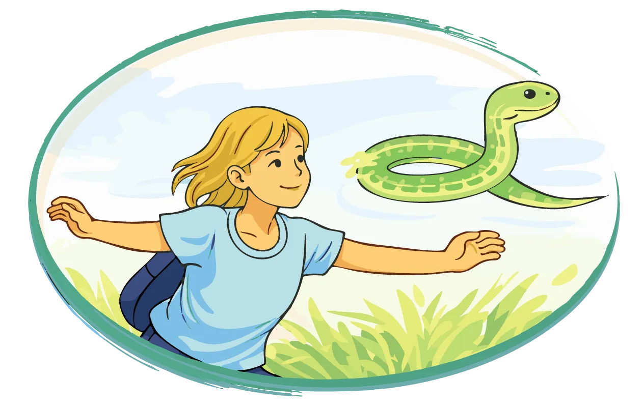 Une jeune fille maintient une posture d’équilibre, une jambe levée, bras étendus à l’horizontale. Un serpent se tient près d’elle.