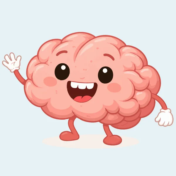 Un cerveau souriant salue de la main.