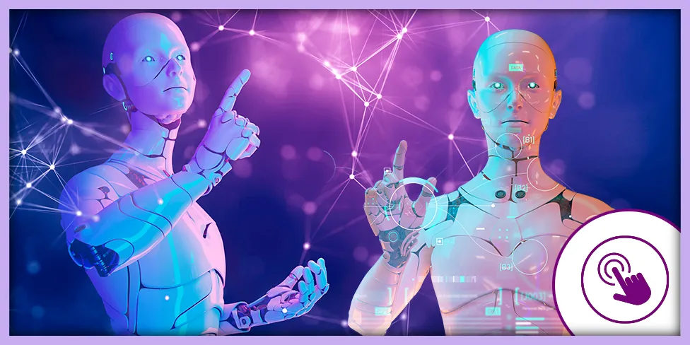 Deux robots humanoïdes futuristes pointent le doigt vers le haut dans un décor spatial.