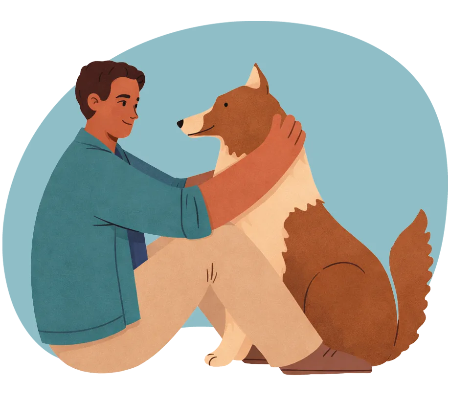 Un garçon assit tient tendrement un chien par le cou.