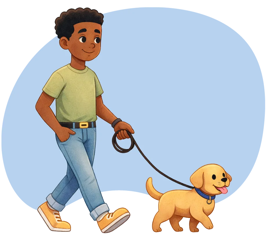 Un garçon marche joyeusement en tenant un jeune chien en laisse.