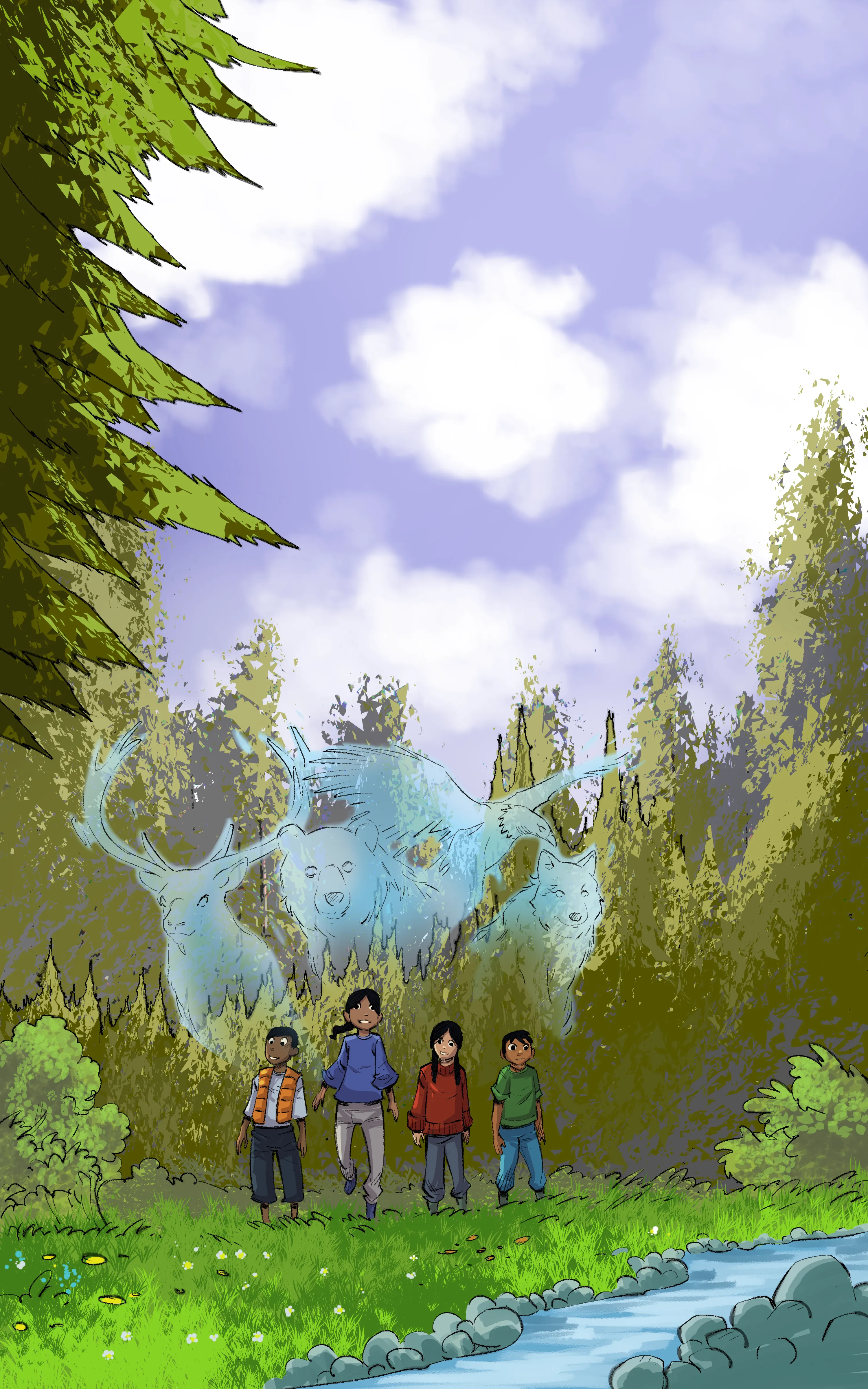 Quatre enfants dans la forêt au bord d’un ruisseau, au-dessus desquels flottent quatre spectres d’animaux : un caribou, un ours, un aigle et un loup.