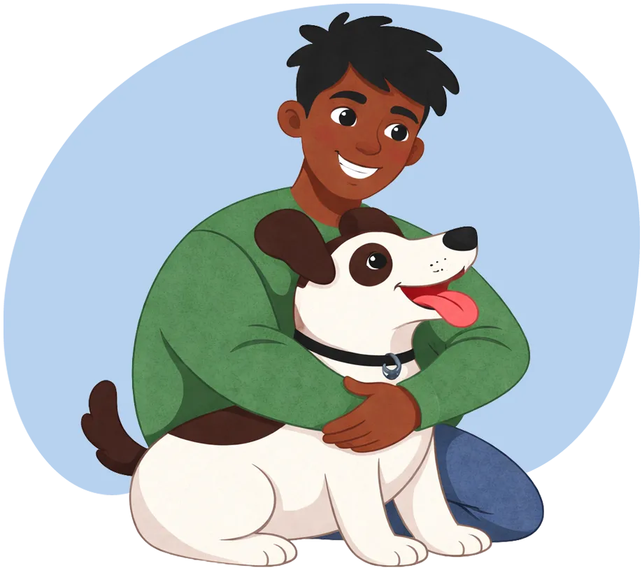 Un jeune homme souriant, à genoux, en train de serrer tendrement dans ses bras un chien blanc aux taches noires.