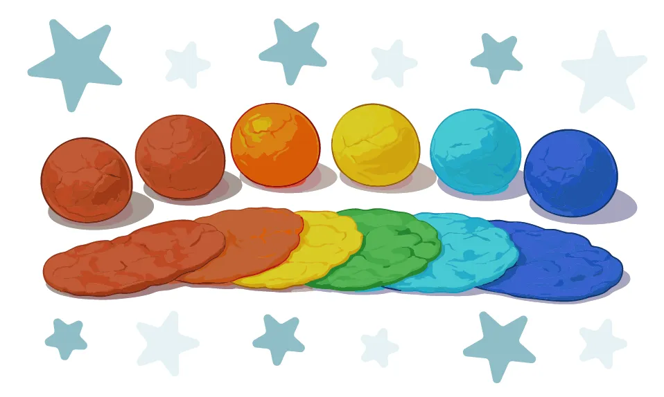 Des boules et des galettes de pâte à modeler colorées sont alignées.