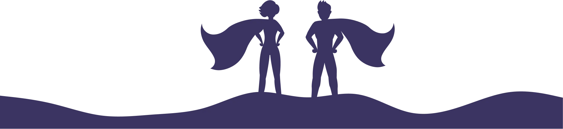 Silhouettes d’une superhéroïne et d’un superhéros, cape au vent.