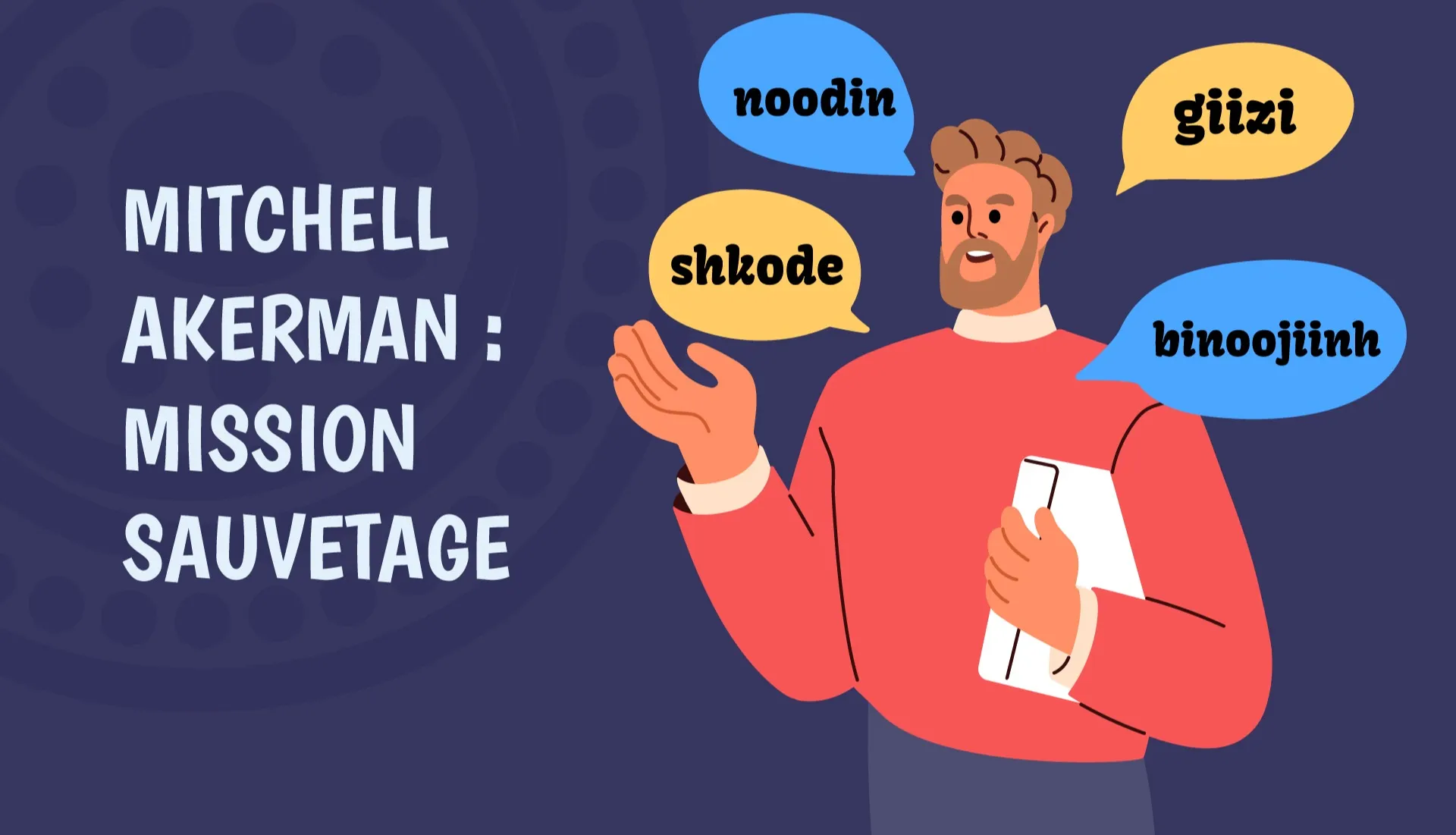 Illustration de Mitchell Akerman qui dit des mots en ojibwé : noodin, giizi, shkode, binoojiinh.