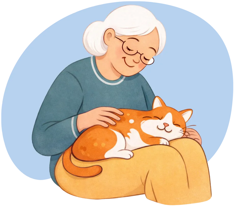 Une dame âgée aux cheveux blancs et lunettes, souriante, tenant un chat roux et blanc endormi sur ses genoux.