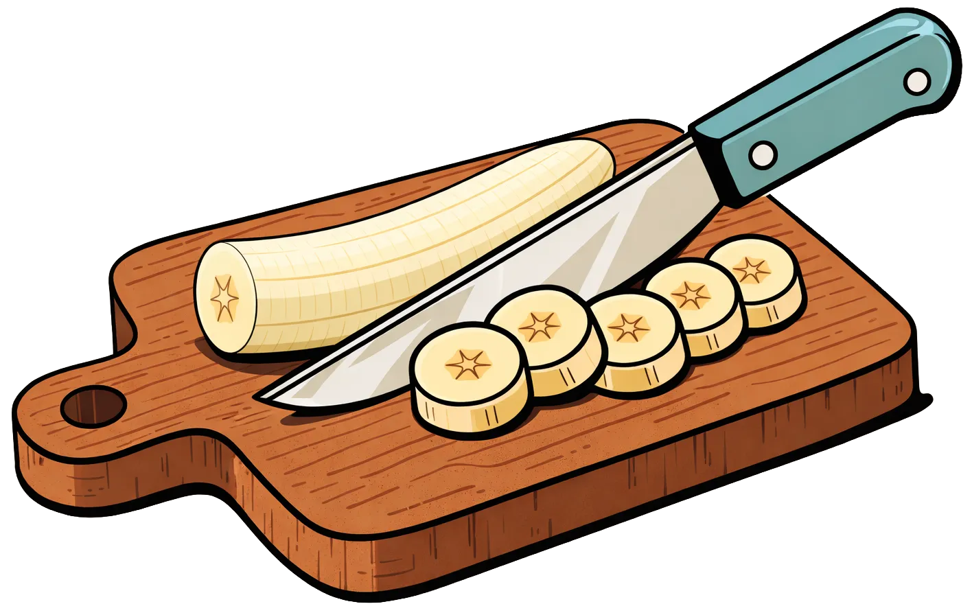 Une banane est coupée en rondelles sur une planche à découper à l’aide d’un couteau.