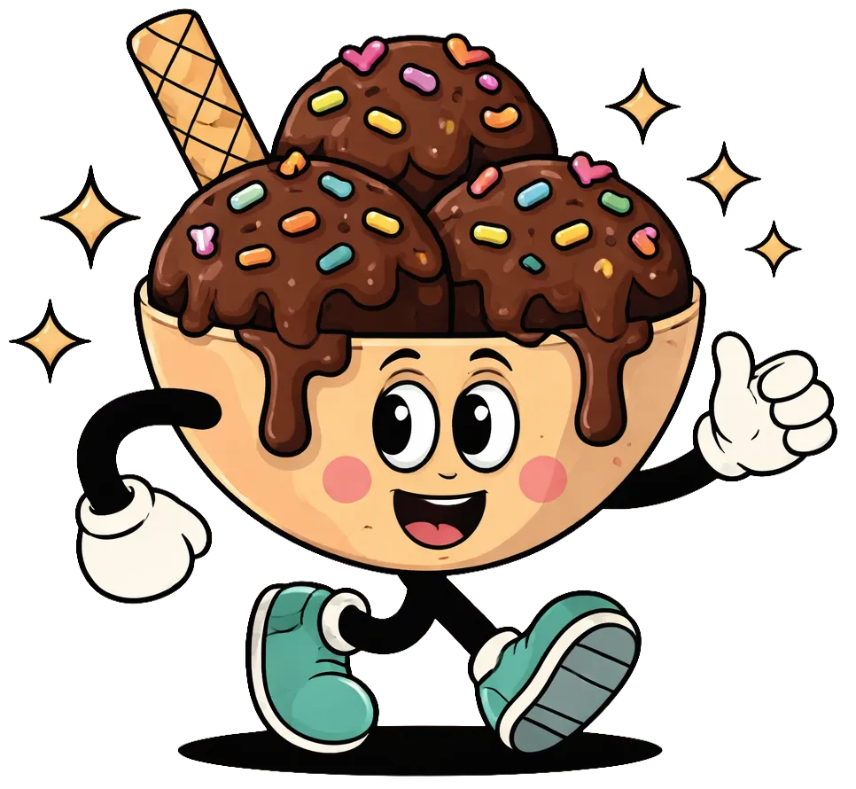 Une coupe de crème glacée choco-banane marche en souriant, le pouce levé.