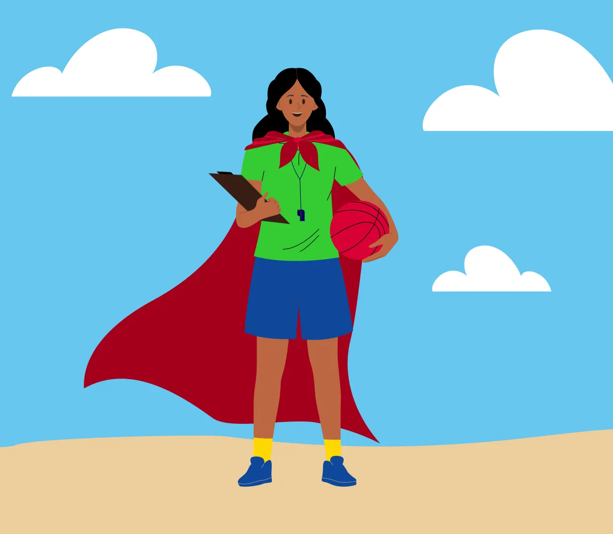 Une femme munie d’une capte qui tient une planchette à pince et un ballon.