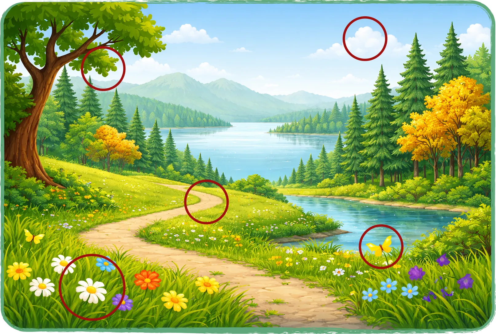 Plusieurs formes arrondies sont entourées dans l’illustration du sentier: un nuage, les feuilles d’un arbre, la courbe du chemin, un papillon et une marguerite.