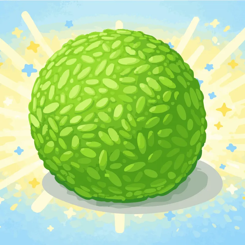 Une balle antistress verte granuleuse. Sa texture rappelle celle du riz.
