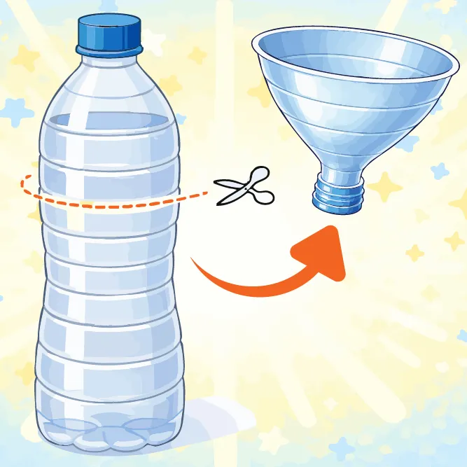 Illustration d’une bouteille en plastique dont on coupe le goulot aux ciseaux pour fabriquer un entonnoir.