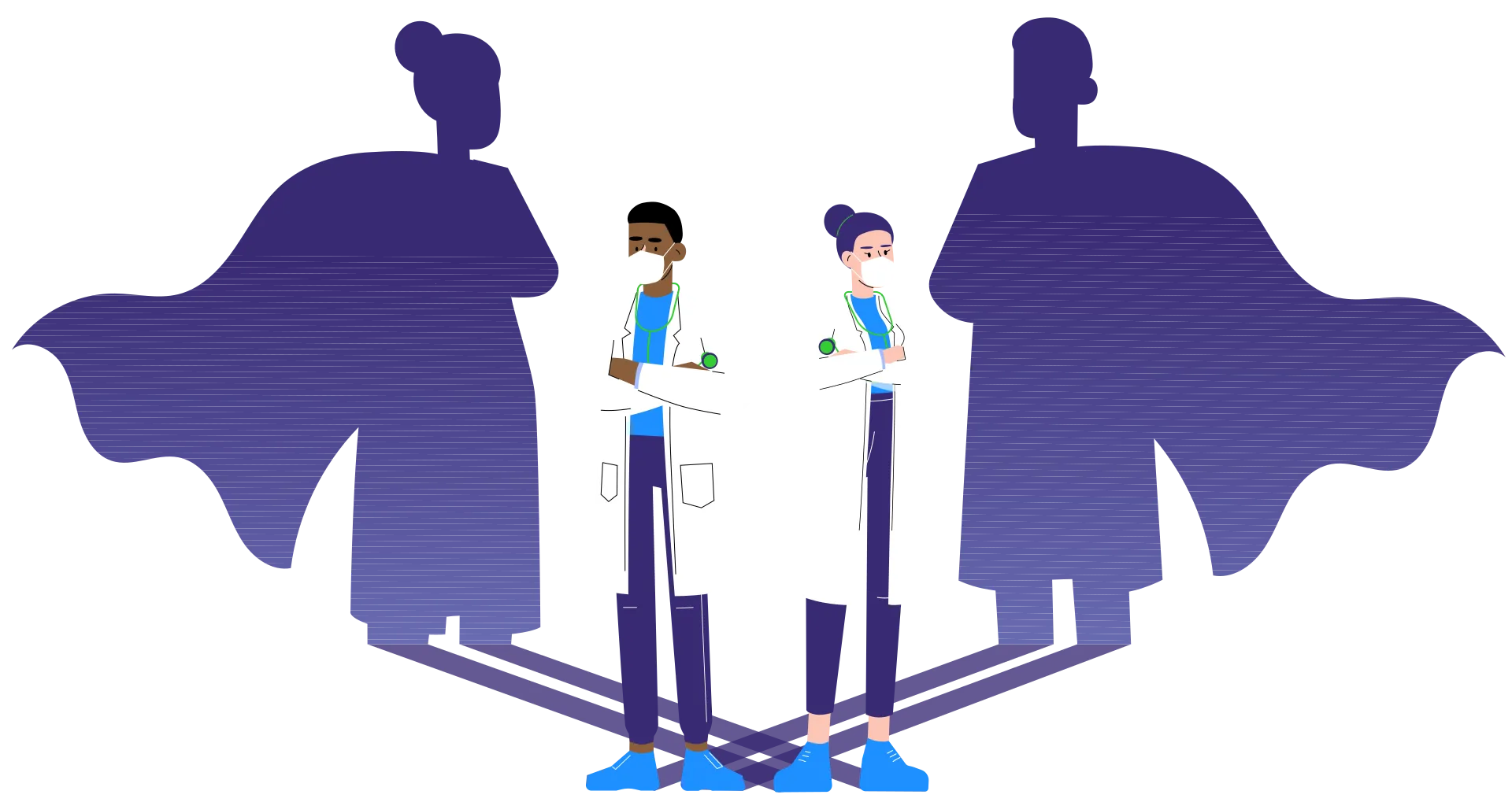 Un homme et une femme vêtus d’un sarrau médical qui projettent des silhouettes munies de capes.