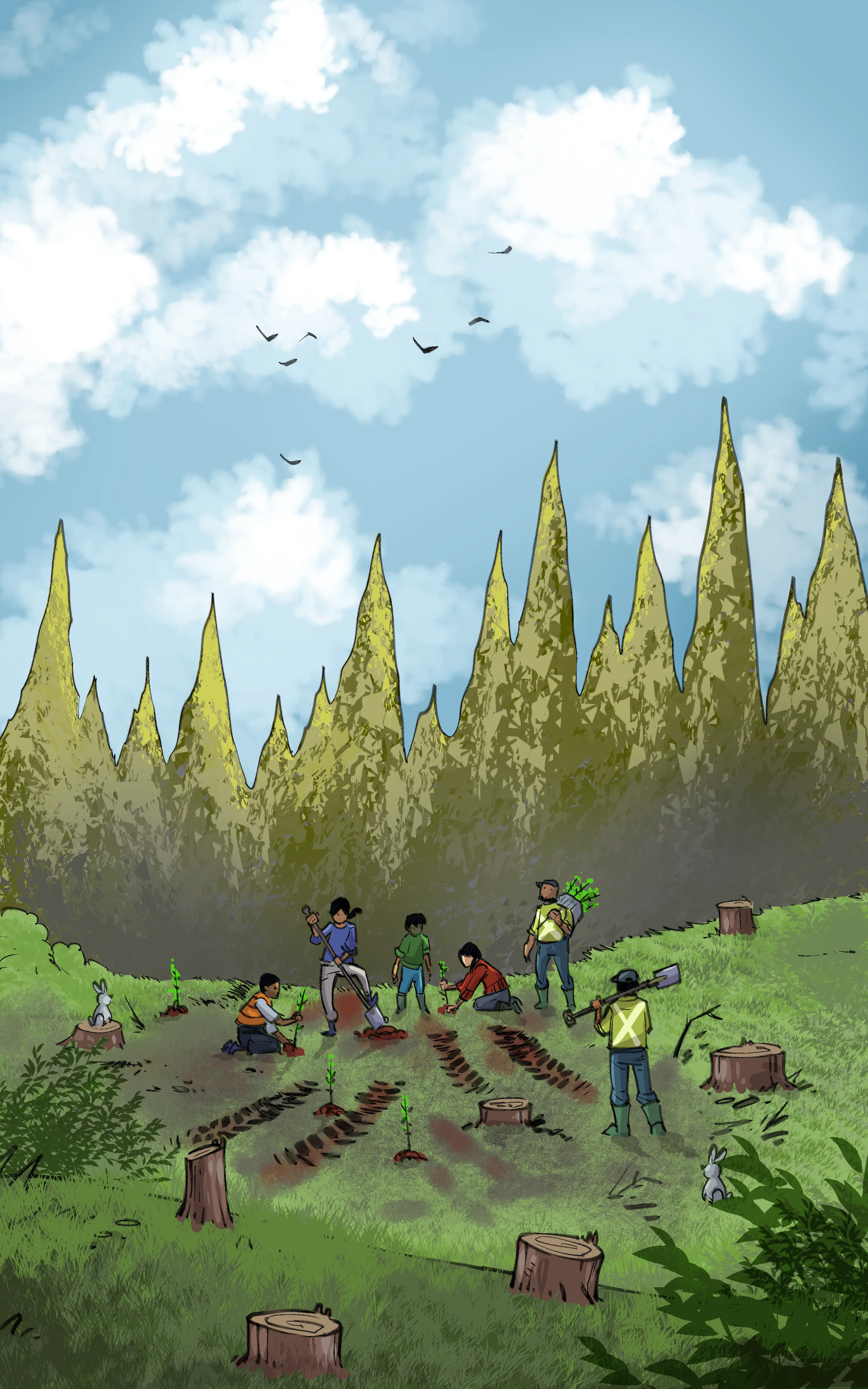 Enfants et travailleurs reboisant une clairière garnie de souches.