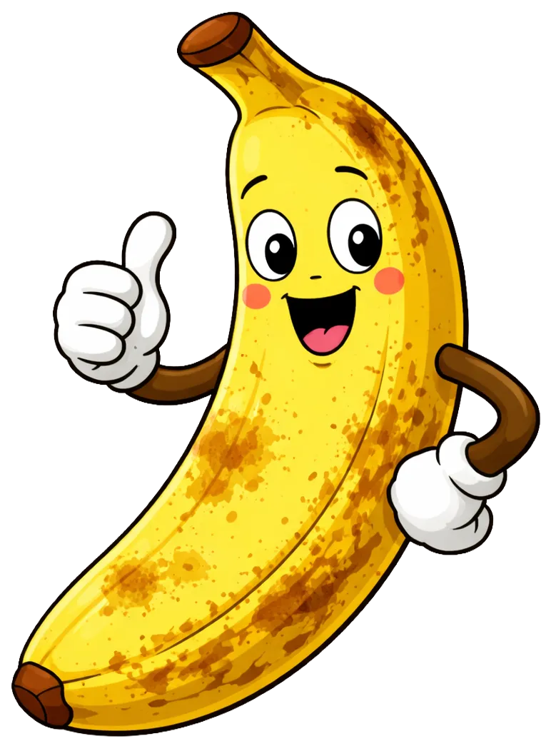 Une banane bien mûre sourit, pouce levé.
