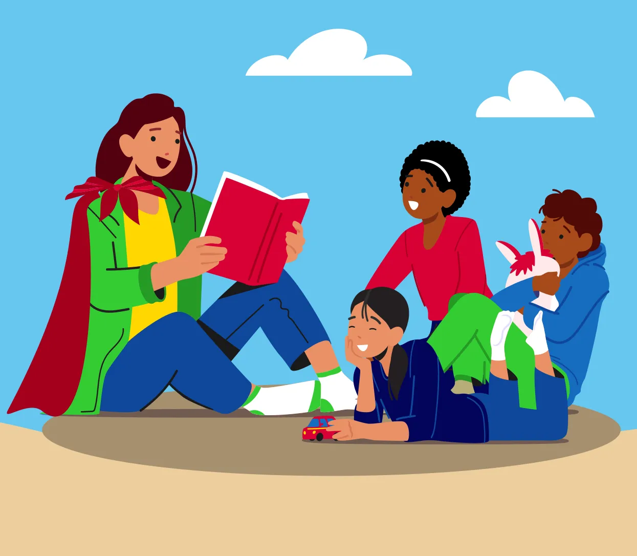 Une femme munie d’une cape qui lit une histoire à trois enfants.
