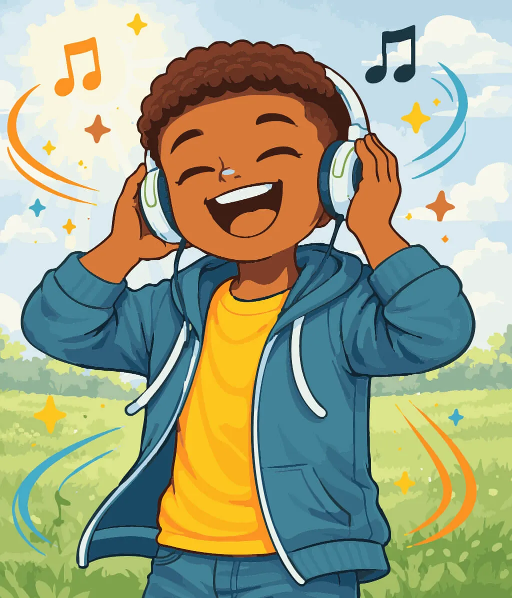 Un jeune garçon écoute de la musique, joyeux.