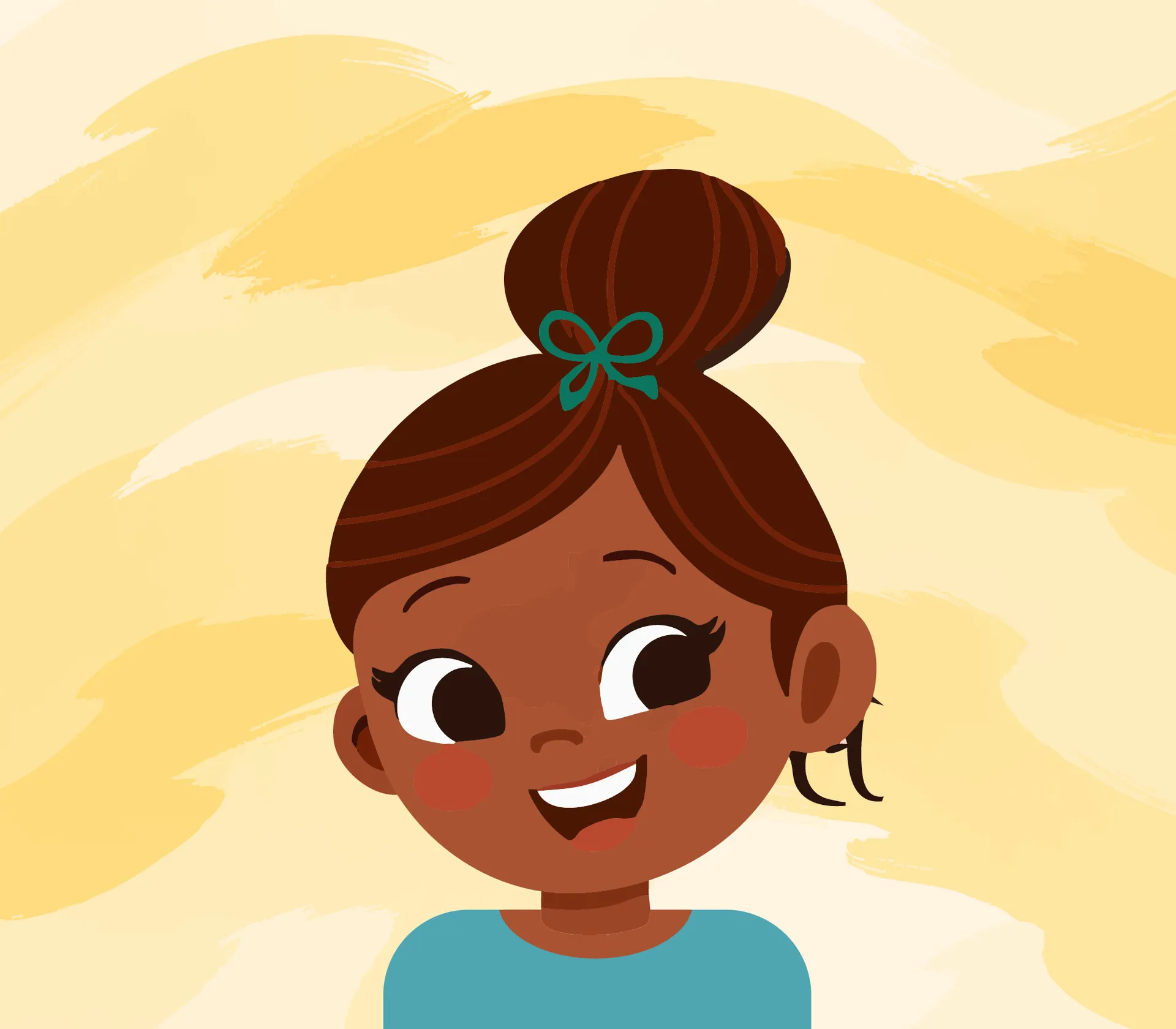 Une jeune fille aux cheveux attachés affiche un grand sourire.