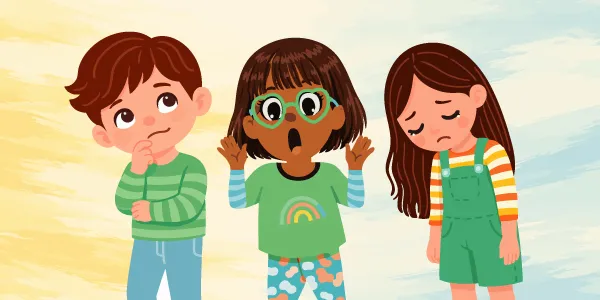 Trois enfants se tiennent côte-à-côte, présentant chacun un état différent : la réflexion, la peur et la tristesse.