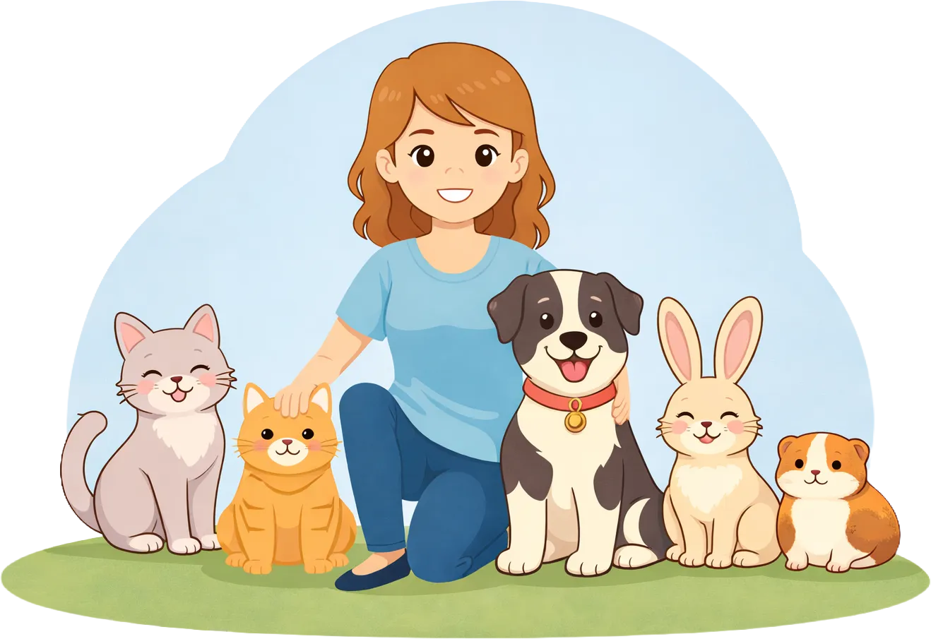 Une femme souriante entourée de deux chats, un chien, un lapin et un hamster sur une pelouse verte sous un ciel bleu.