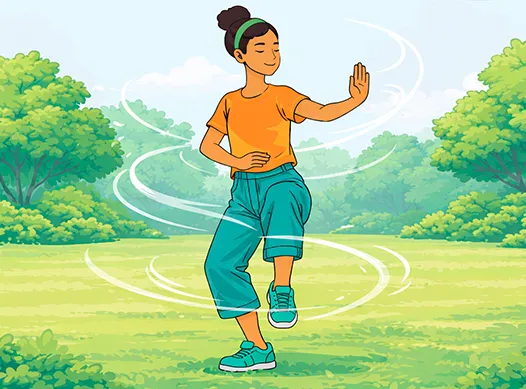 Une jeune femme, les yeux fermés, pratique le tai-chi dans un parc. Elle se tient en équilibre sur un pied, un bras tendu, paume levée. Son autre main est posée sur son ventre.