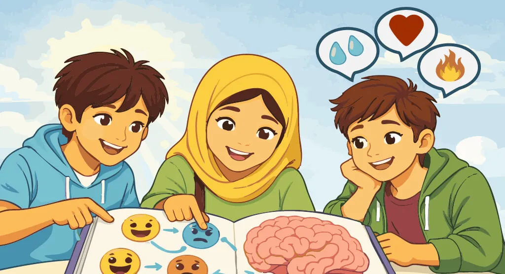 Trois enfants souriants regardent un livre d’illustrations sur les émotions. Trois bulles de dialogue contiennent des gouttes d’eau, un cœur et un feu.