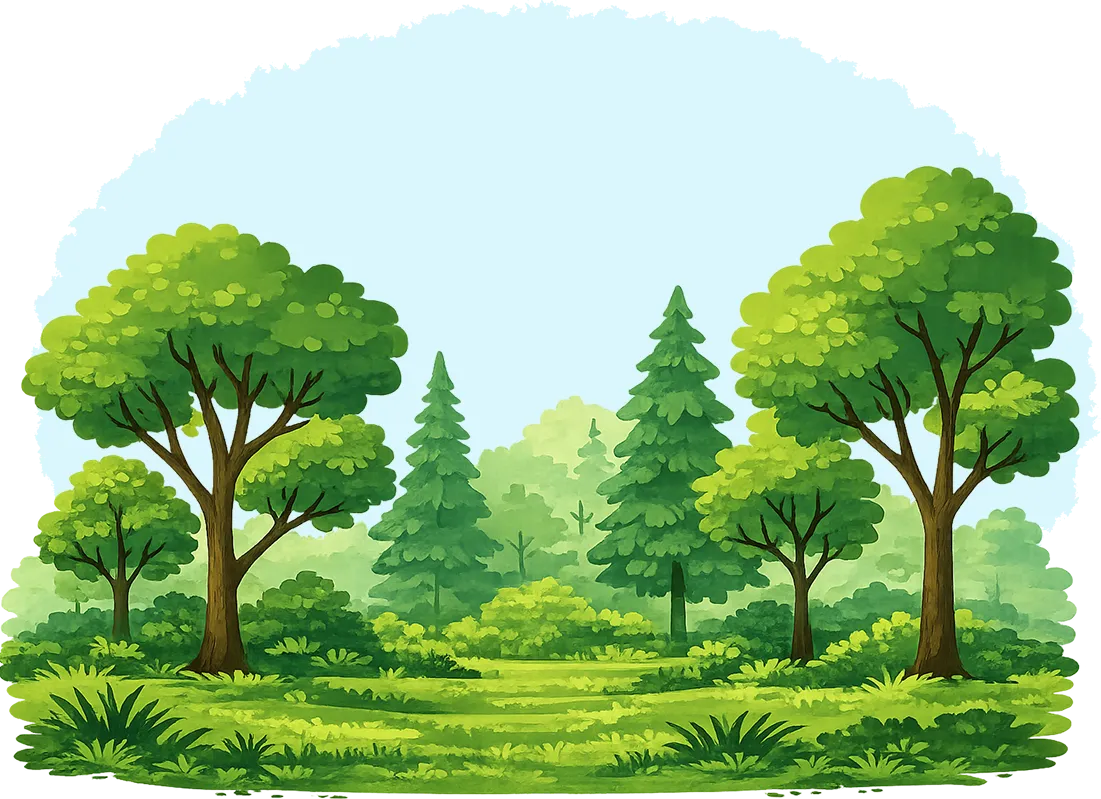 Illustration d’une forêt sous un ciel bleu.