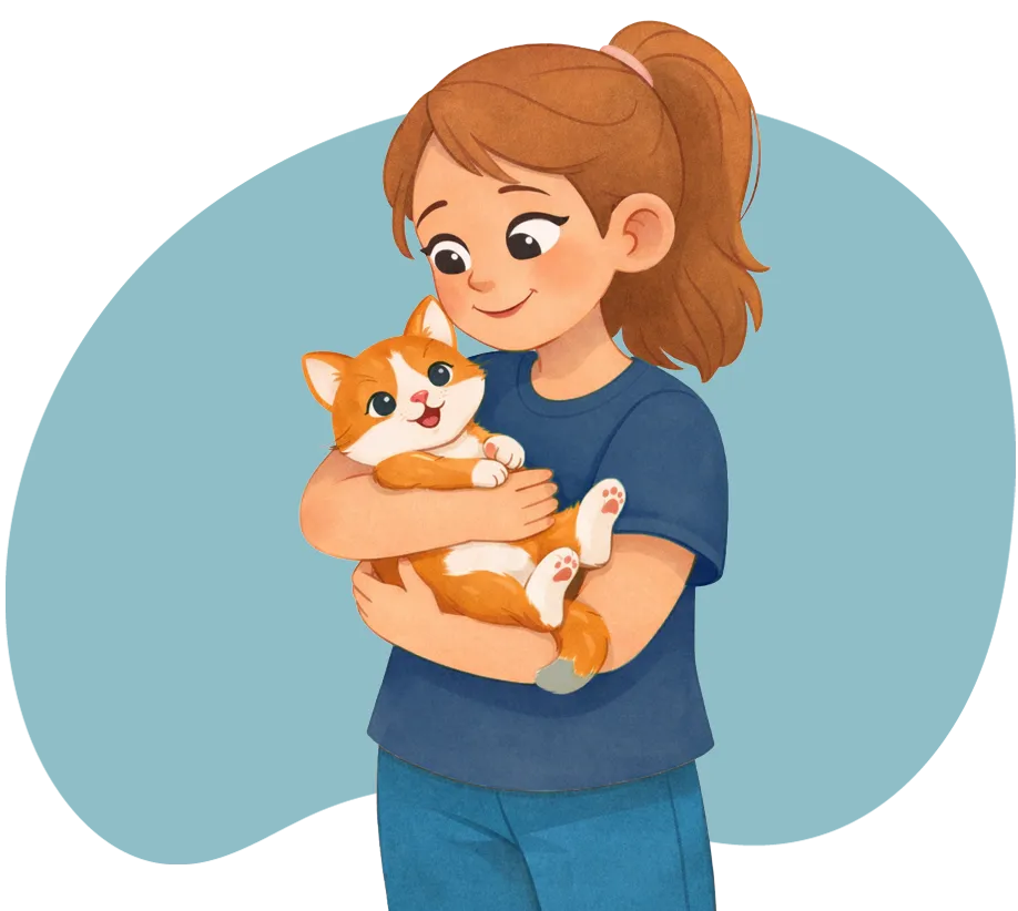 Une jeune fille souriante, vue de profil, tient tendrement un petit chat roux et blanc dans ses bras.