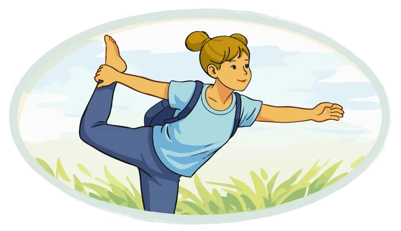 Une jeune fille maintient une posture d’équilibre. Debout sur une jambe, elle attrape son autre pied d’une main. Son autre bras est tendu à l’horizontale.