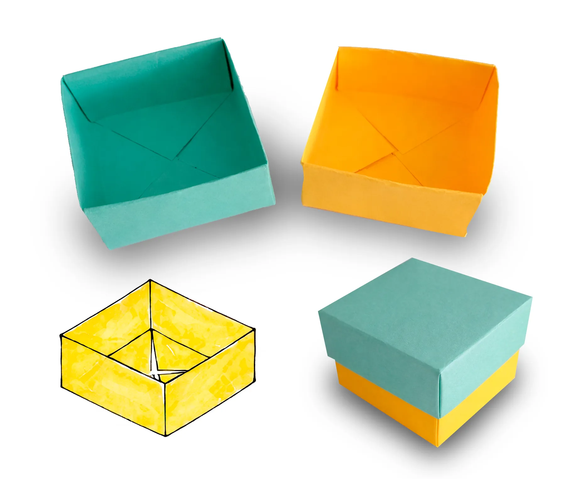 Photos et illustration d’une boite de gratitude en origami.