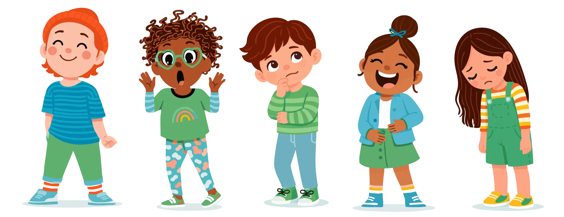 Cinq enfants se tiennent côte-à-côte, présentant chacun un état différent : le contentement, la peur, la réflexion, le rire et la tristesse.
