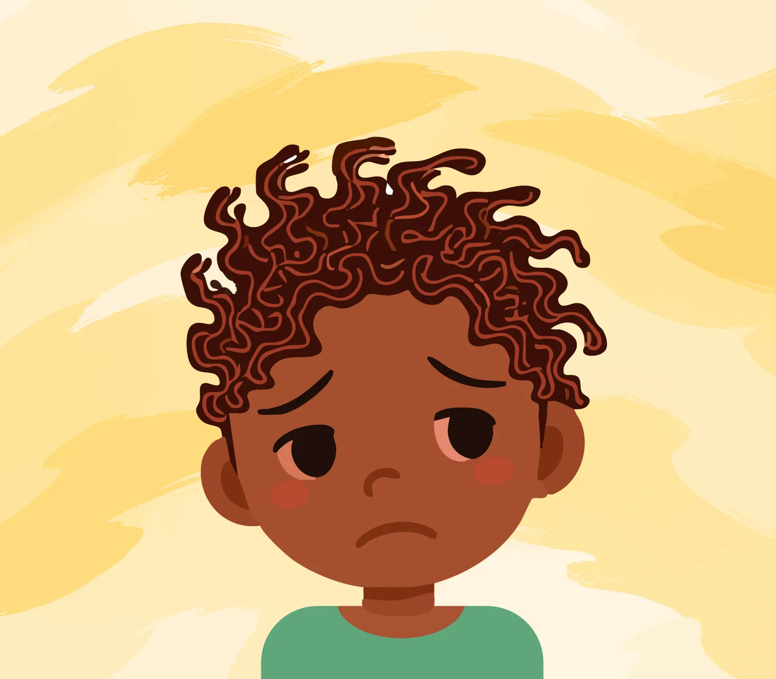 Un jeune garçon aux cheveux frisés est triste.