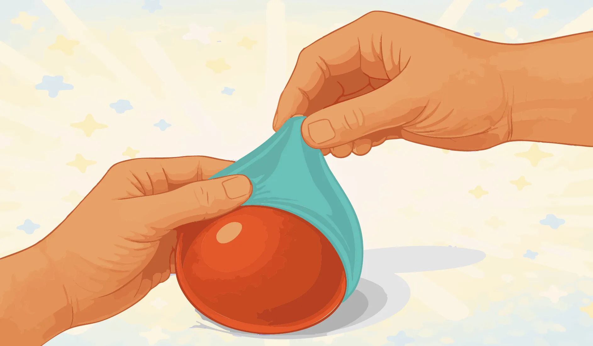 La balle, presque complétée, est recouverte d’un second ballon qu’on a étiré et dont on a coupé l’embout.