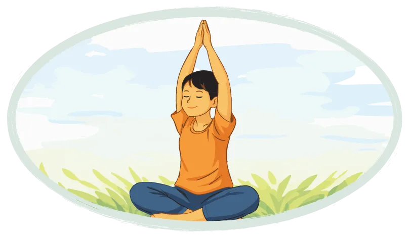 Une jeune personne est assise en tailleur sur l’herbe, les bras levés au-dessus de la tête, mains jointes. Ses yeux sont fermés.